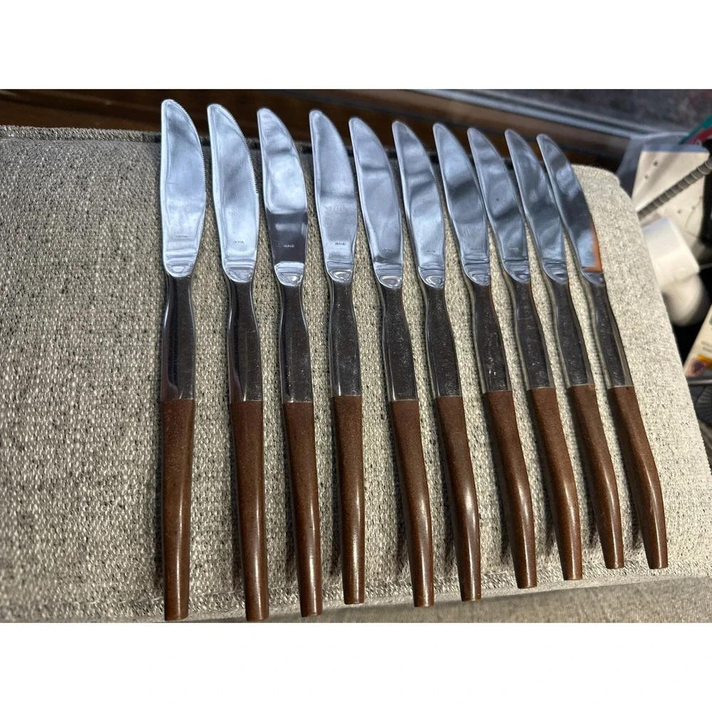 Vintage Set of 10 Steak Knives Stainless Steel Japan Brown Faux Wood‎ Handle MCM